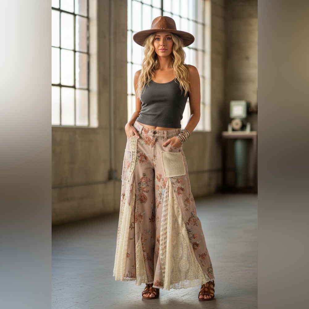 NWT Floral Print Boho Patchwork Lace Panel Ultra Wide Leg Flare Bohemian Pants - Picture 6 of 14